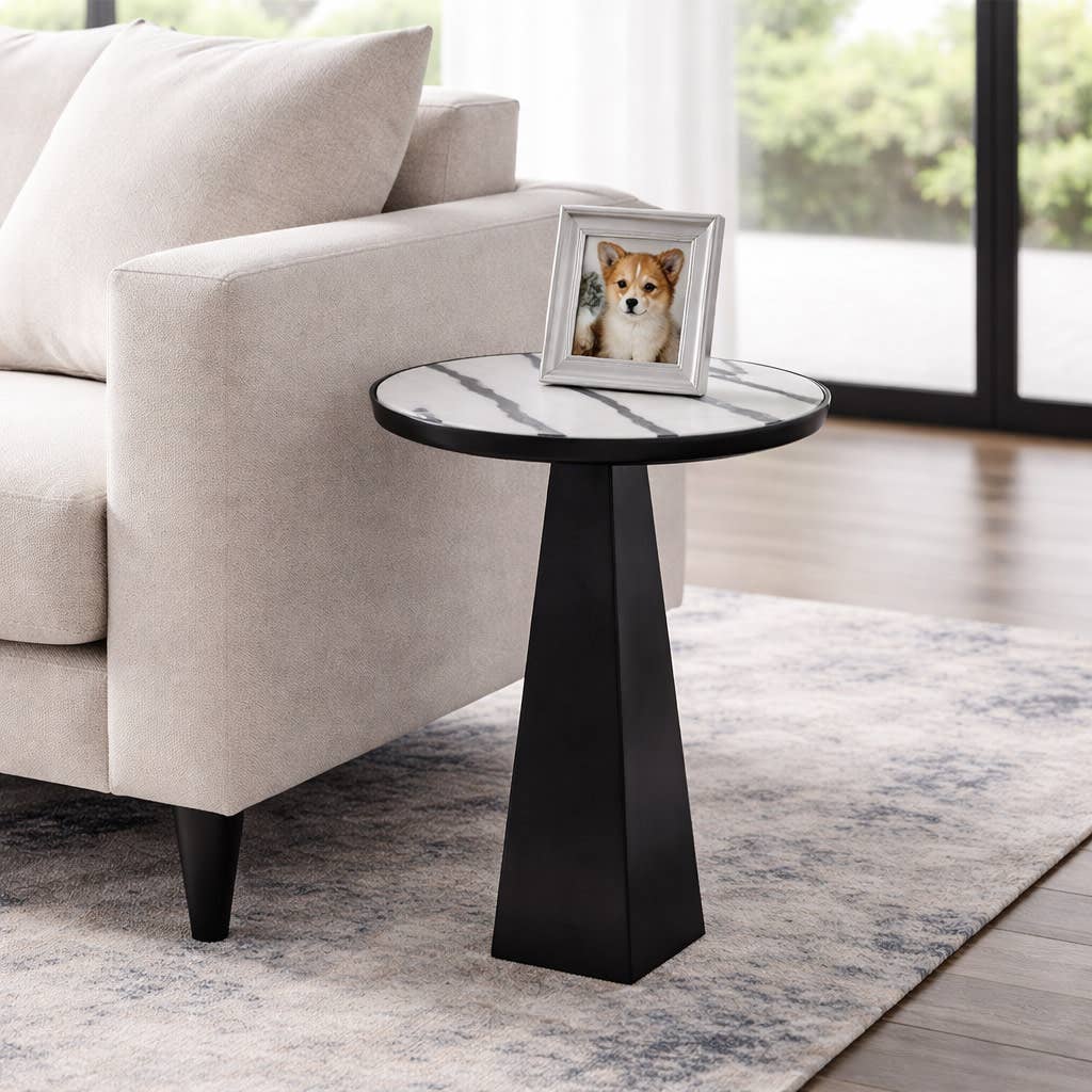 End Table - Black/White Marble Top with Tripod Frame, 23 in.