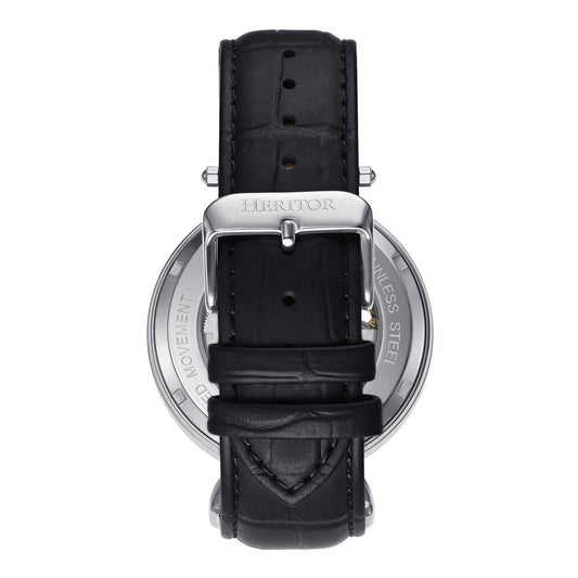 Heritor Lincoln Men's Automatic Semi-Skeleton Leather Watch, Silver/Black