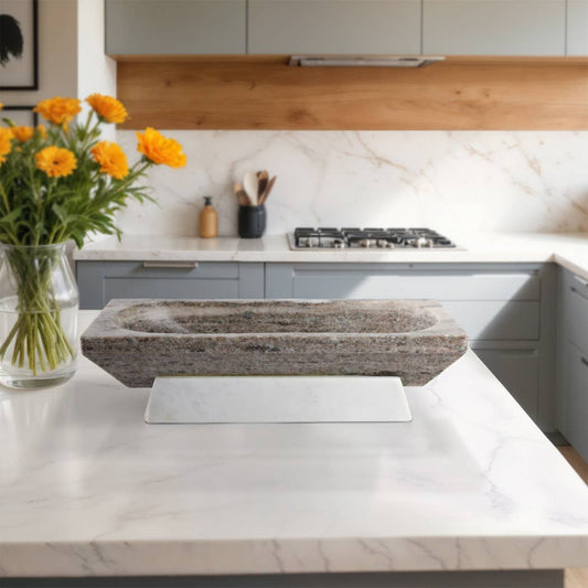 Decorative Bowl - Ivory Marble Rectangular Design, 18 in.