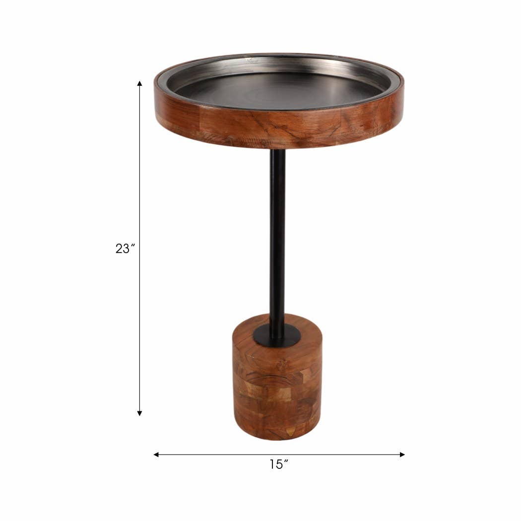 Side Table - Brown Wood Short with Metal Top, 23 in.