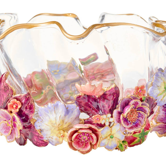 Jay Strongwater Paisley Small Ruffle Flower Swarovski Crystal Enamel Gold-Finished Decorative Bowl