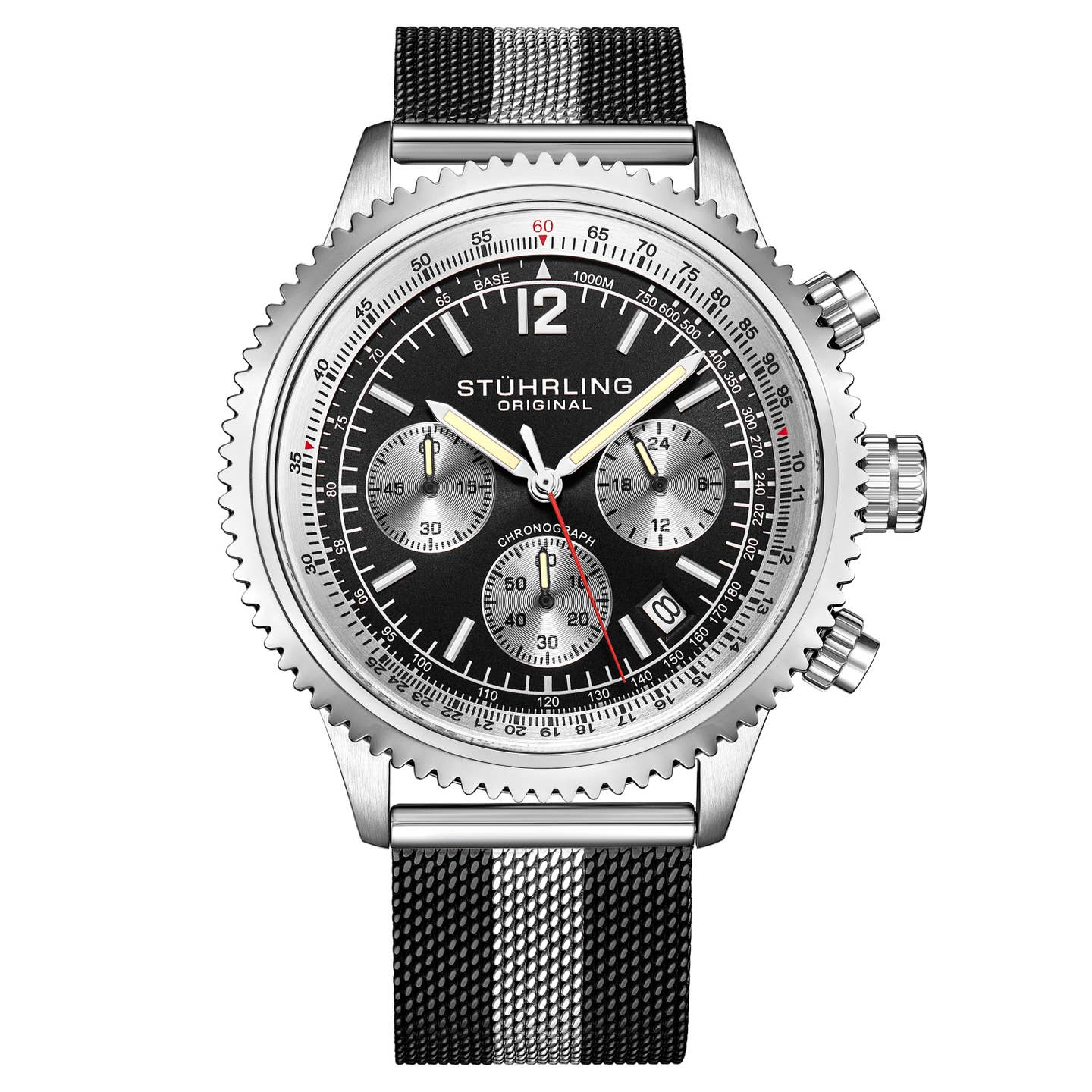 Stuhrling Original Monaco Men's Chronograph Watch, 44mm, Black Dial, Silver Bezel