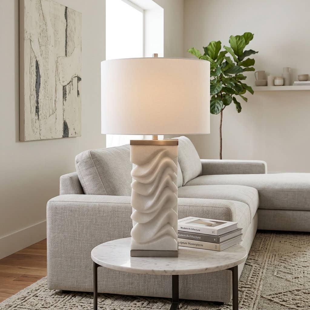 Table Lamp - White Quartz & Resin Square Wavy Base, 30 in.