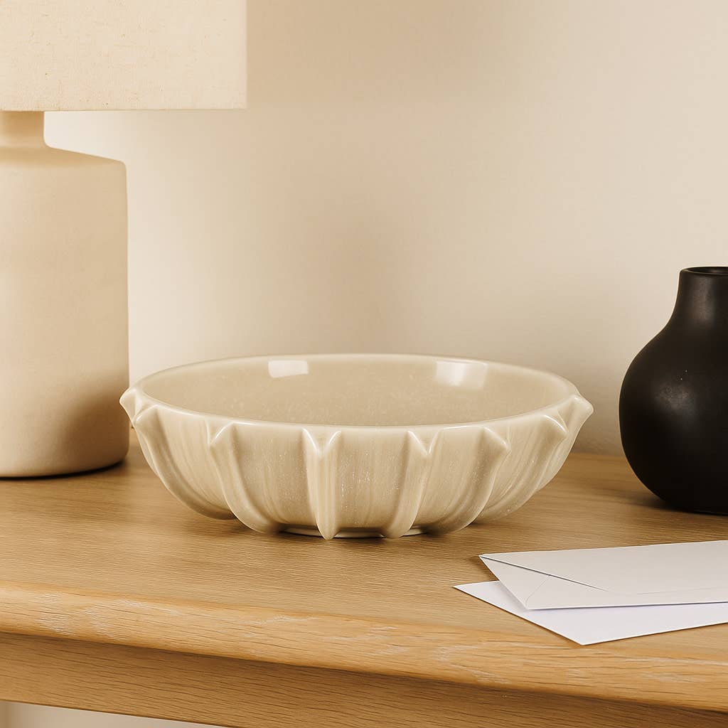Decorative Bowl - Taupe Ceramic Round Scalloped Rim, 16 in.