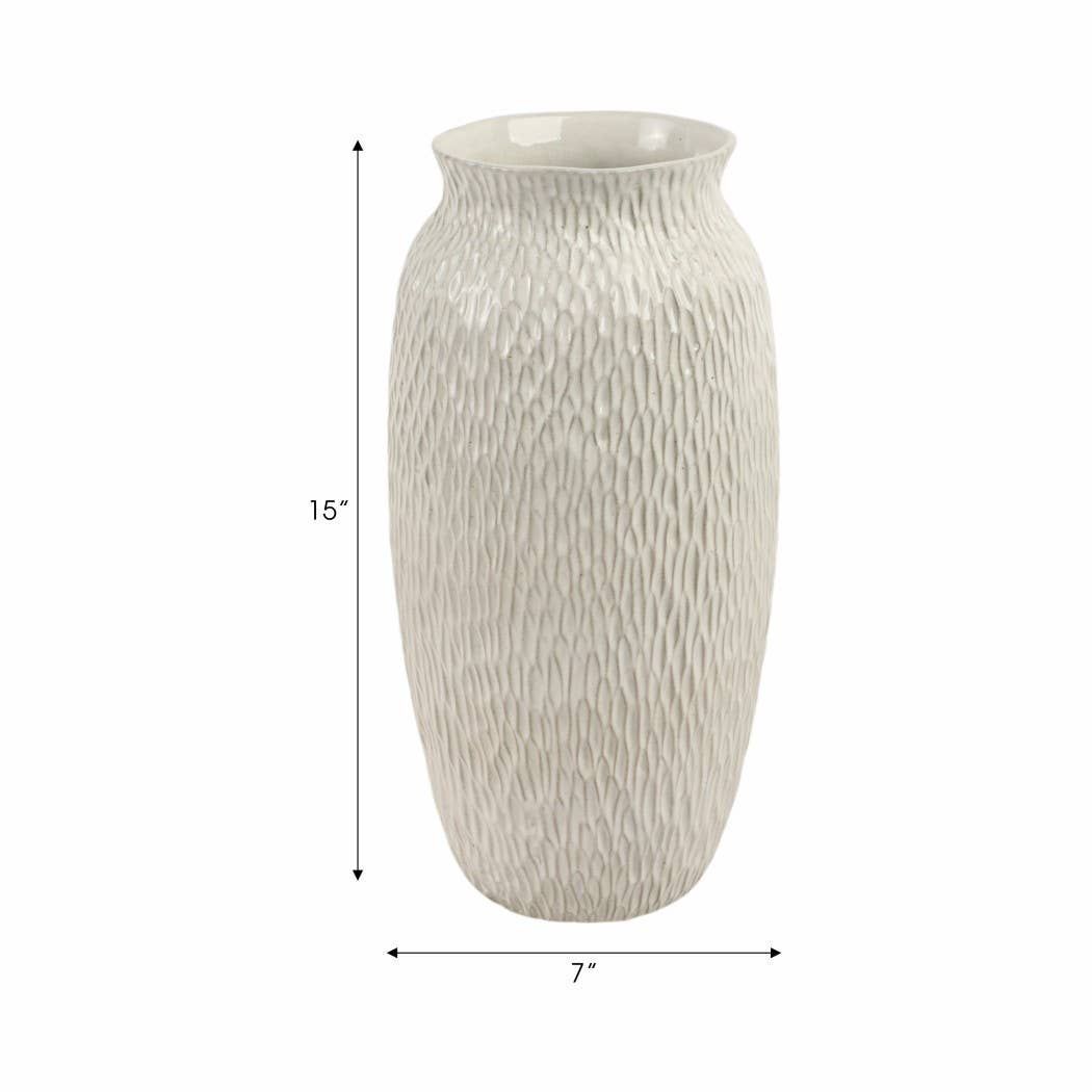 Decorative Vase - White Earthenware Textured Cylinder, 15 in