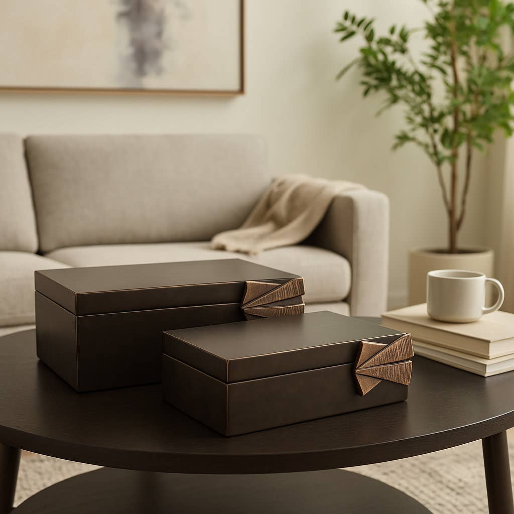 Boxes Set of 2 - Brown Wood with Metal Hardware, 9/11 in.