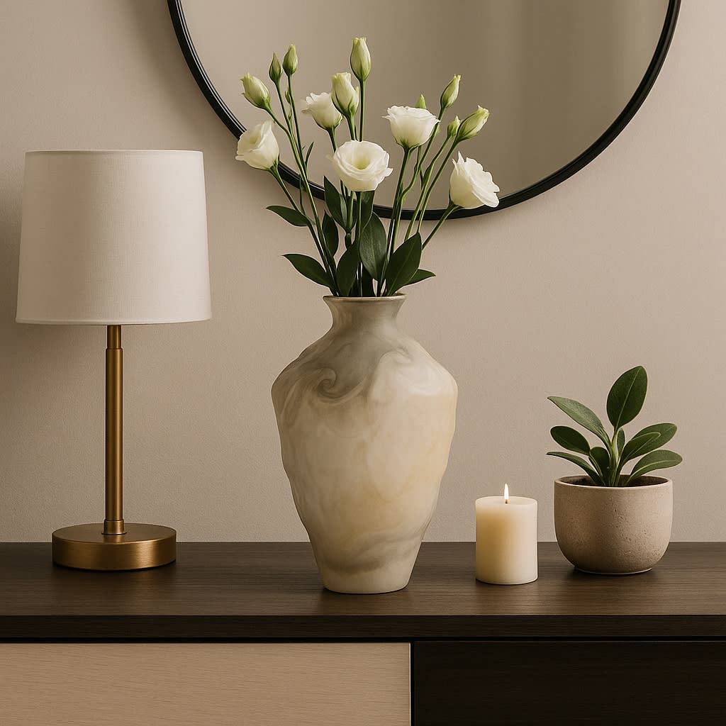 Decorative Vase - Ivory Glass Unique Swirl Pattern, 15 in.