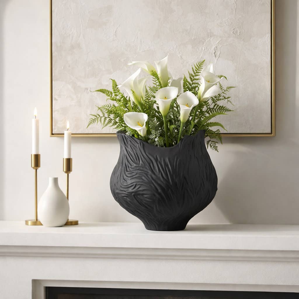 Decorative Vase - Black Porcelain 3D Printed Carved, 16 in.