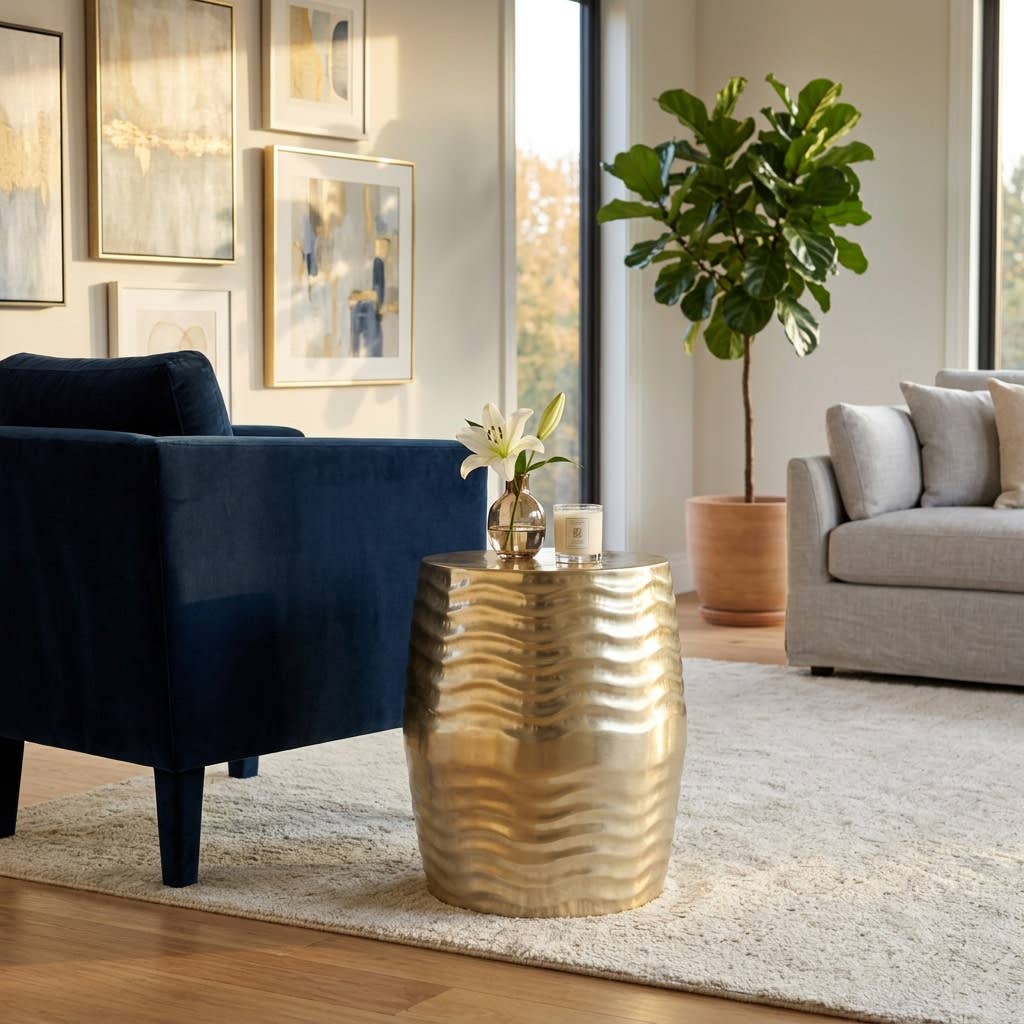 Side Table - Gold Metal Top Wavy Textured Design, 19 in.