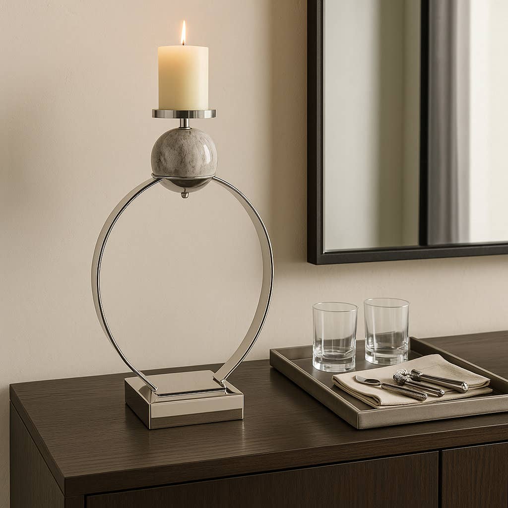 Candle Holder - Silver Metal with Marble Sphere, 26 in.