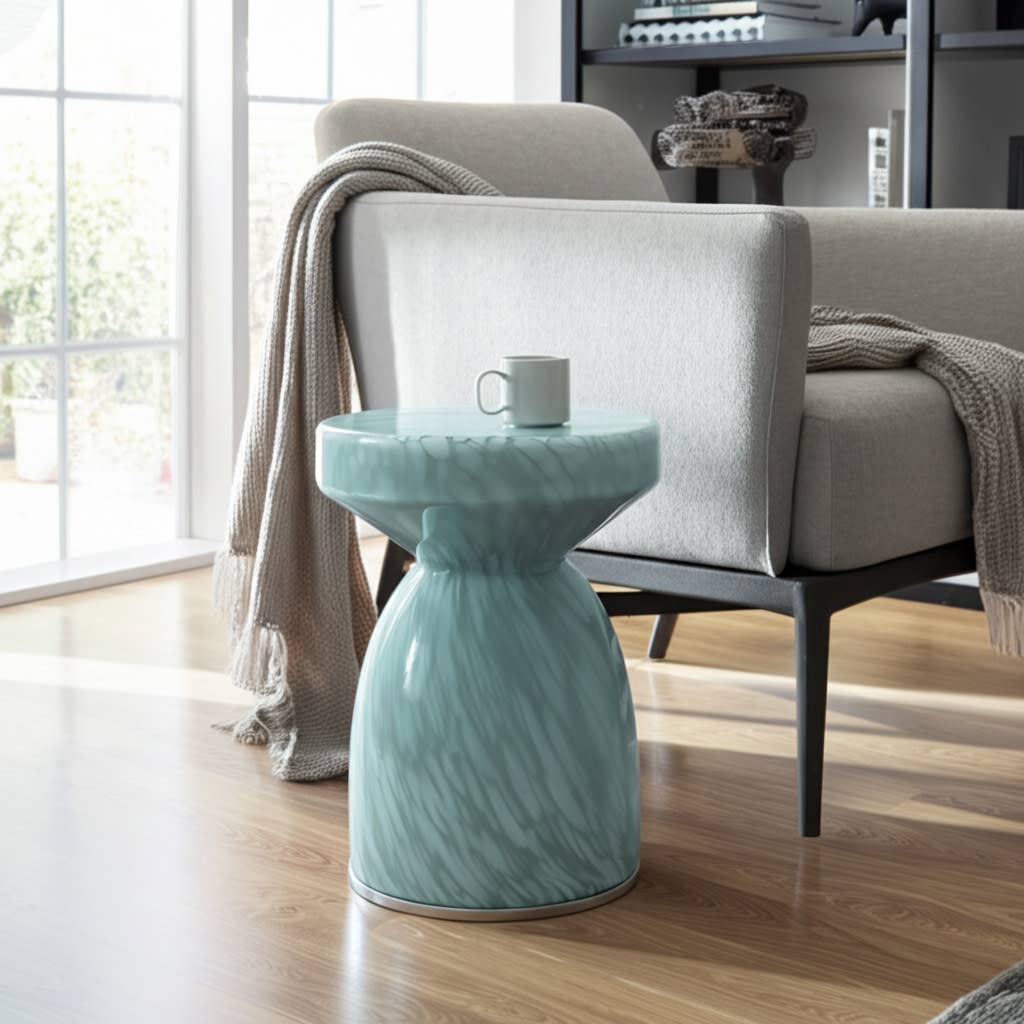 Side Table - Teal Glass Artistic with Pedestal Frame, 20 in.