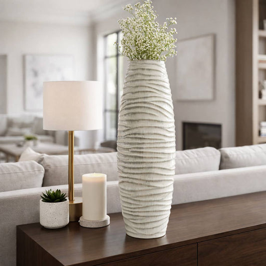 Decorative Vase - Gray Ceramic Ribbed Textured Design, 30 in