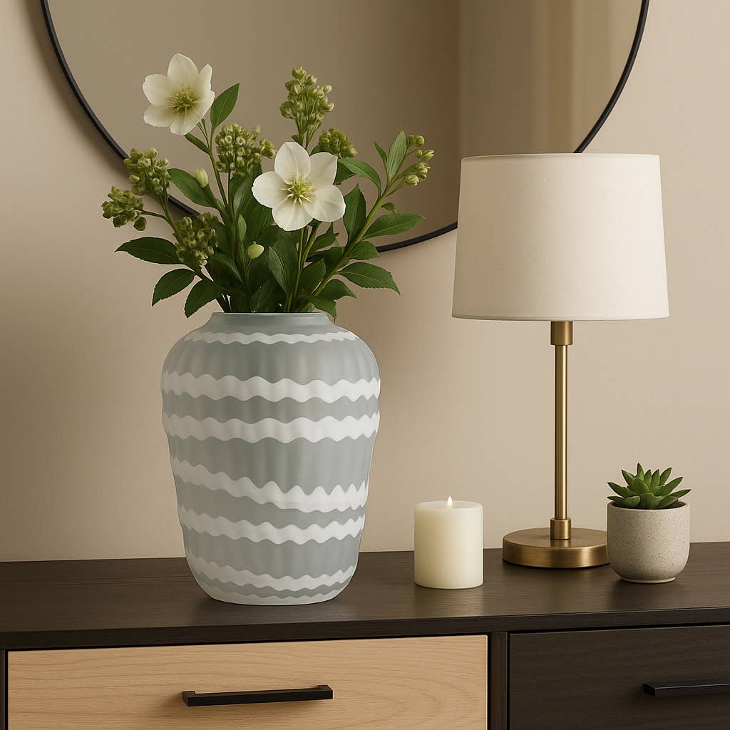 Decorative Vase - White Glass Vertical Strip Pattern, 13 in.