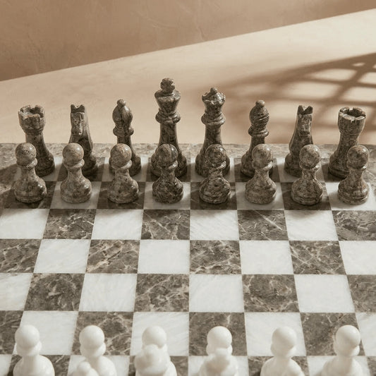 Oceanic & White Marble Chess Set with Storage Case – Luxury Handmade Stone Chess Board