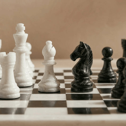 White & Black Marble Chess Set with Storage Case – Luxury Handmade Stone Chess Board