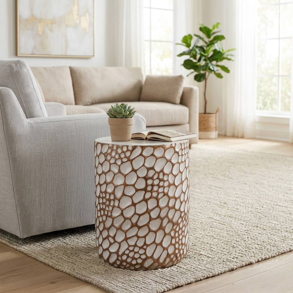 Garden Stool - White and Brown Ceramic Textured, 20 in.