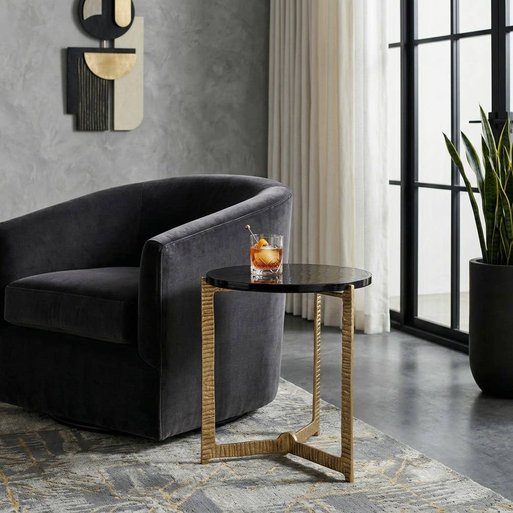 Side Table - Clear Glass Top On Textured Metal Base, 18 in.
