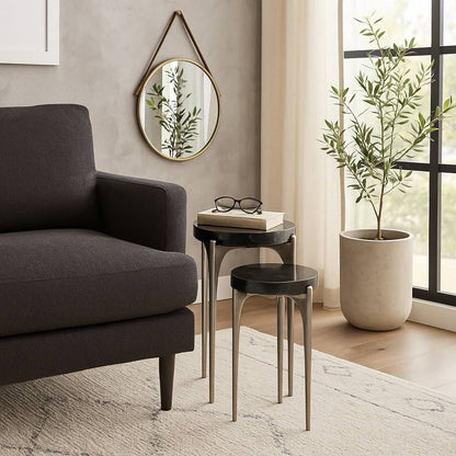 Side Table Set of 2 - Black/Silver Stone Top Round, 20/24 in