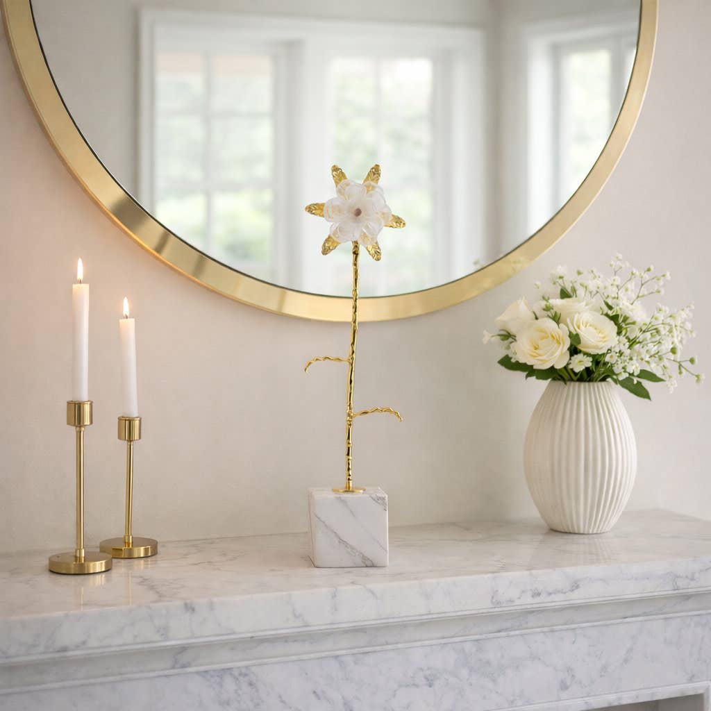 Sculpture - Gold Metal Flower with Marble Base, 21 in.