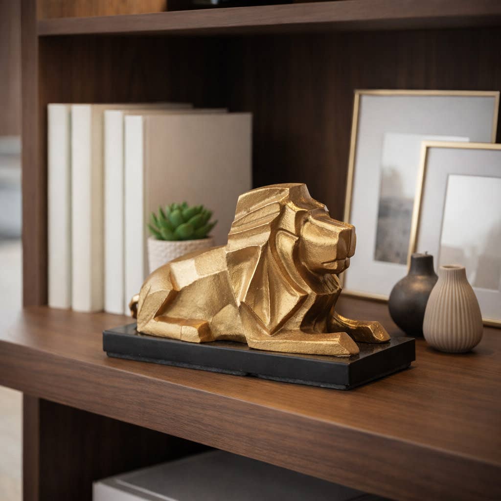 Sculpture - Gold Metal Lion with Marble Base, 8 in.