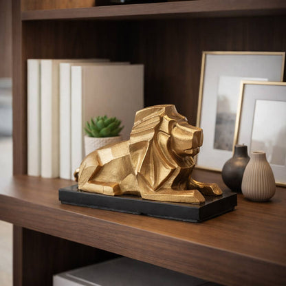 Sculpture - Gold Metal Lion with Marble Base, 8 in.
