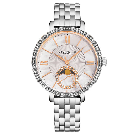 Stuhrling Original Horizon 4038 Women's Quartz Watch, 36mm, White Mother-of-Pearl Dial, Silver-Tone Stainless Steel Bracelet, Crystal-Accented Bezel