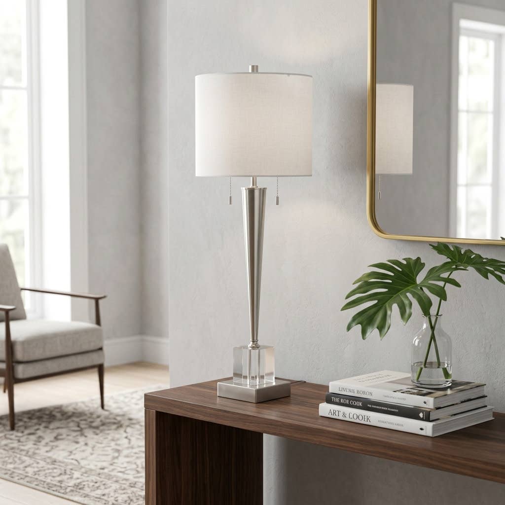 Table Lamp - Silver Metal Tapered Body On Glass Base, 36 in.