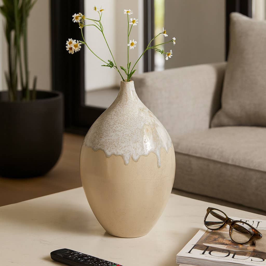 Decorative Vase - Cream Ceramic Textured Glossy, 18 in.