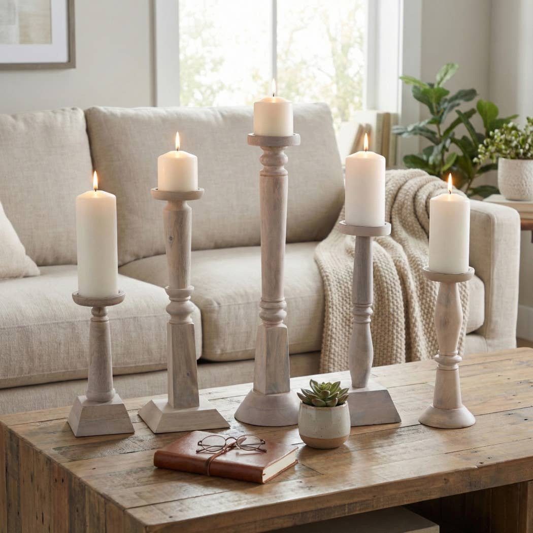 Candle Holders Set of 5 - Light Brown Mango Wood, 10-22 in.