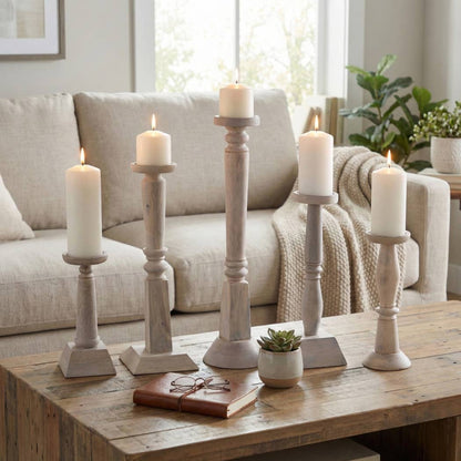 Candle Holders Set of 5 - Light Brown Mango Wood, 10-22 in.