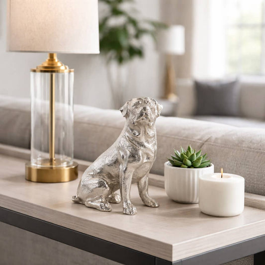 Decorative Figurine - Silver Metal Seated Dog, 7 in.