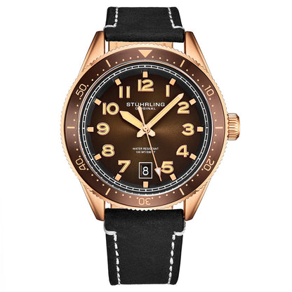Stuhrling Original 3991 Men's Quartz Watch, 42mm, Brown Dial, Grey Leather Strap With White Contrast Stitching Watch