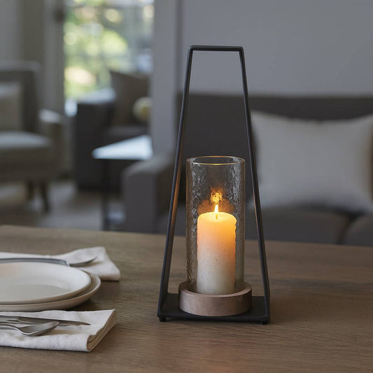 Candle Holder - Black Metal Glass Pillar Hurricane, 21 in.