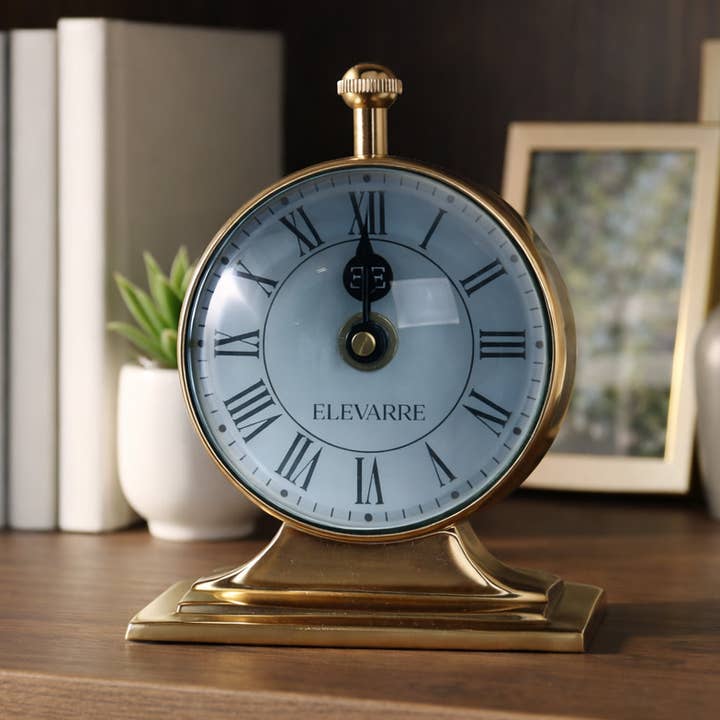 Desk Clock - Gold Metal Double-Sided Compass Back, 7 in.