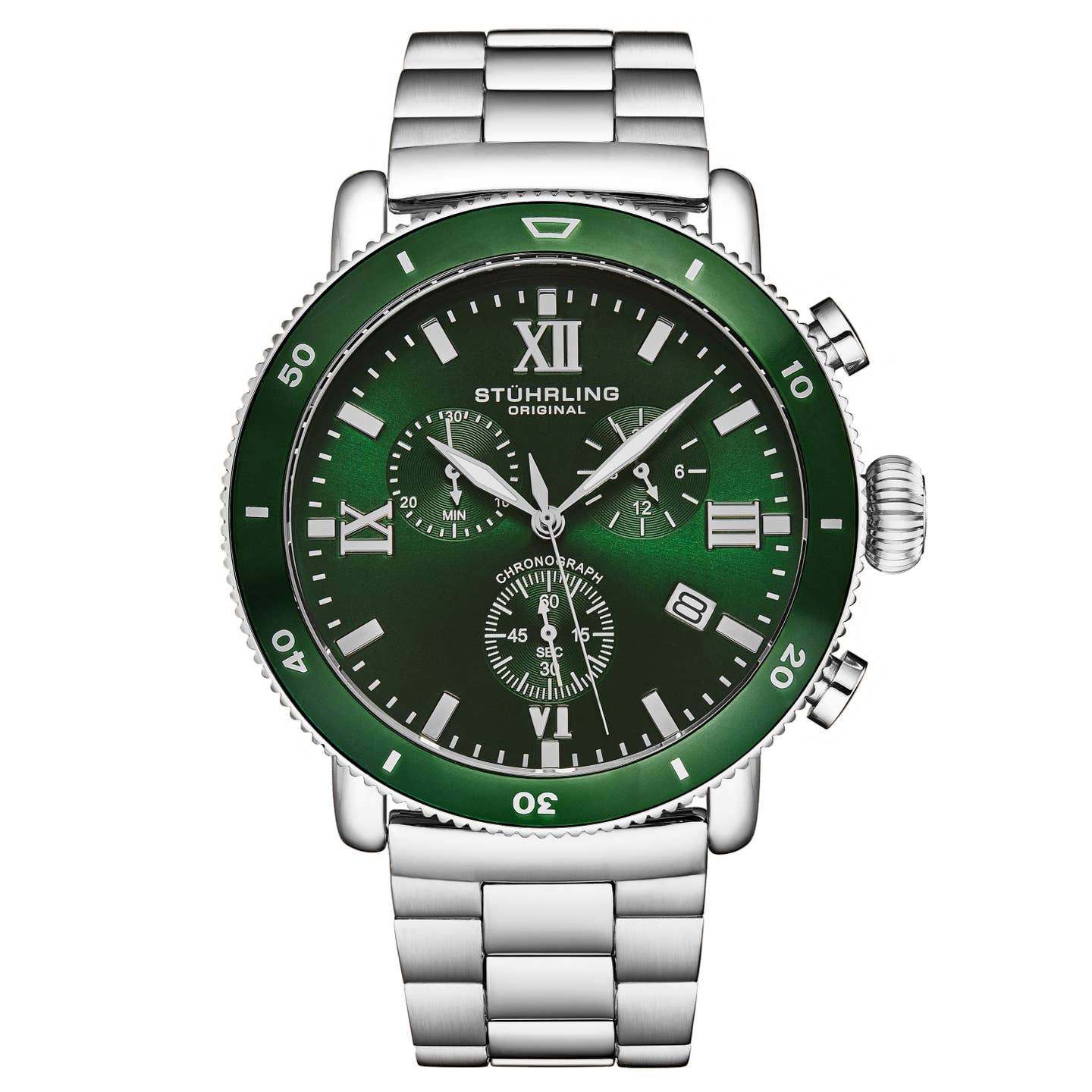 Stuhrling Original Dualmode 4040 Men's Quartz Chronograph Watch, 48mm, Green Dial, SS Link Bracelet