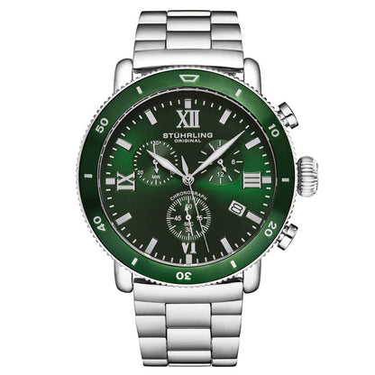 Stuhrling Original Dualmode 4040 Men's Quartz Chronograph Watch, 48mm, Green Dial, SS Link Bracelet