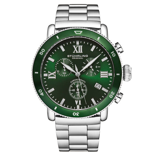 Stuhrling Original Dualmode 4040 Men's Quartz Chronograph Watch, 48mm, Green Dial, SS Link Bracelet