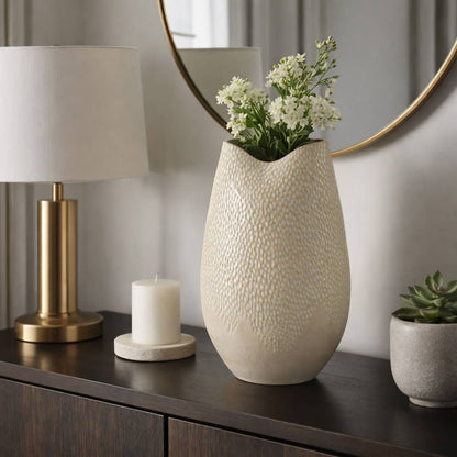 Decorative Vase - Cream Earthenware Textured Oval, 16 in.