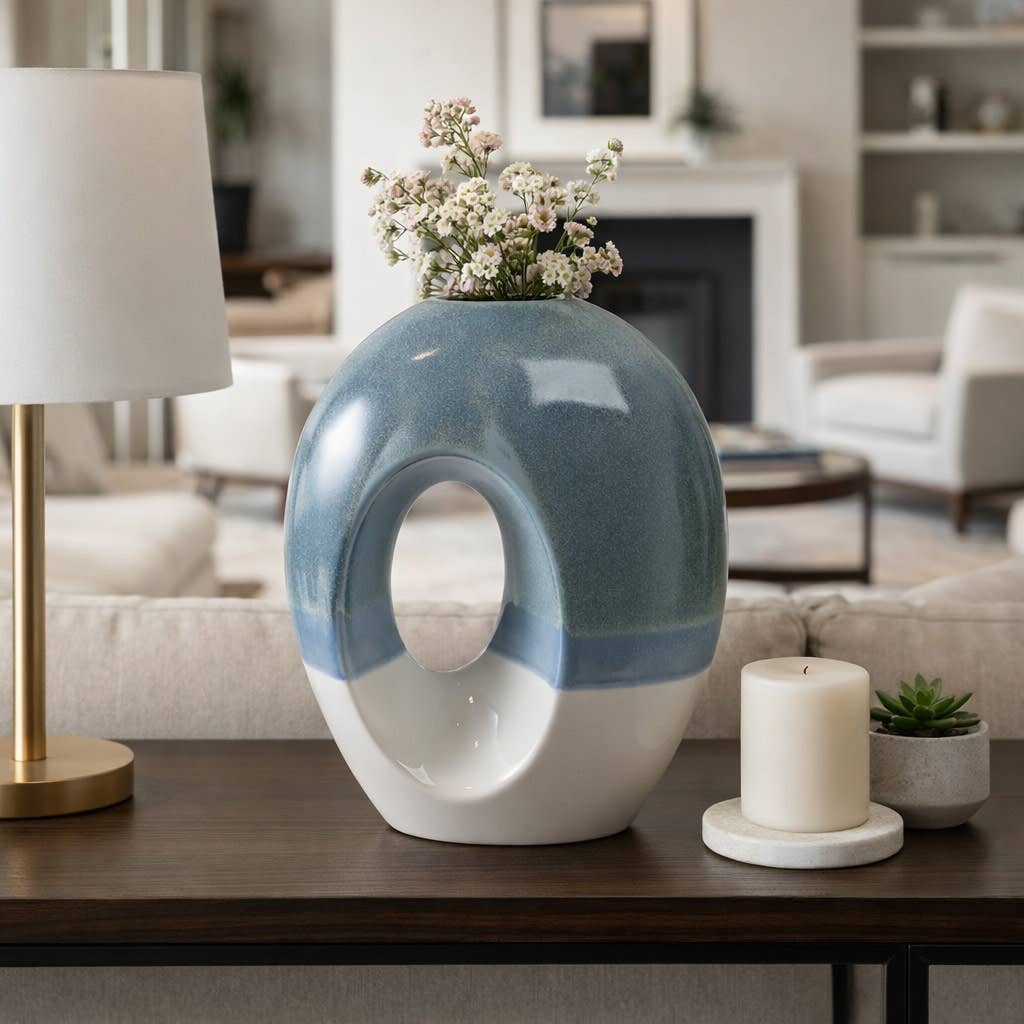 Decorative Vase - Blue Ceramic Round Hollow Design, 14 in.