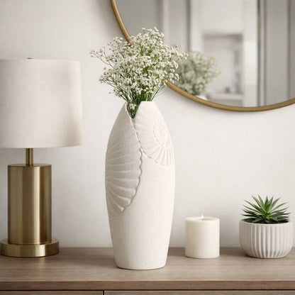 Decorative Vase - Ivory Ceramic Shell Relief, 16 in.