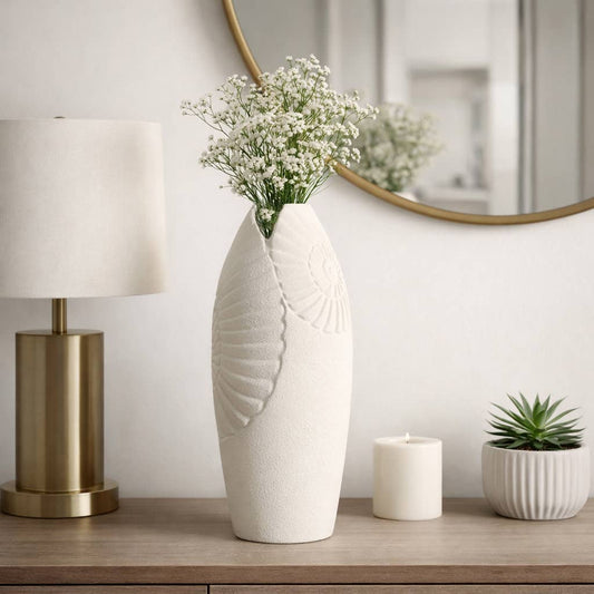 Decorative Vase - Ivory Ceramic Shell Relief, 16 in.
