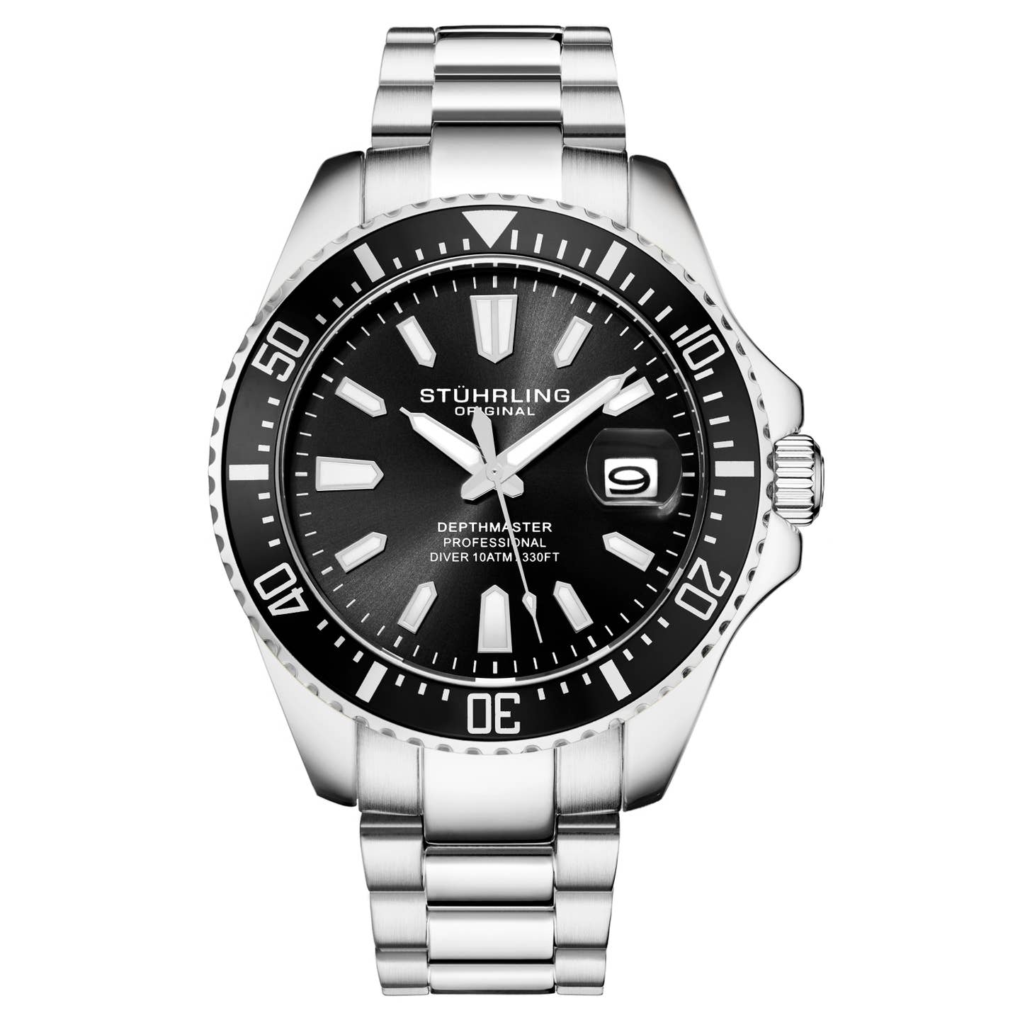 Stuhrling Original Depthmaster Men's Quartz Diver Watch, Black Dial, Stainless Steel Bracelet