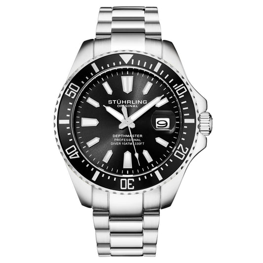 Stuhrling Original Depthmaster Men's Quartz Diver Watch, Black Dial, Stainless Steel Bracelet