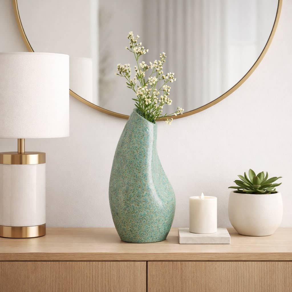 Decorative Vase - Green Ceramic Curved Textured, 14 in.