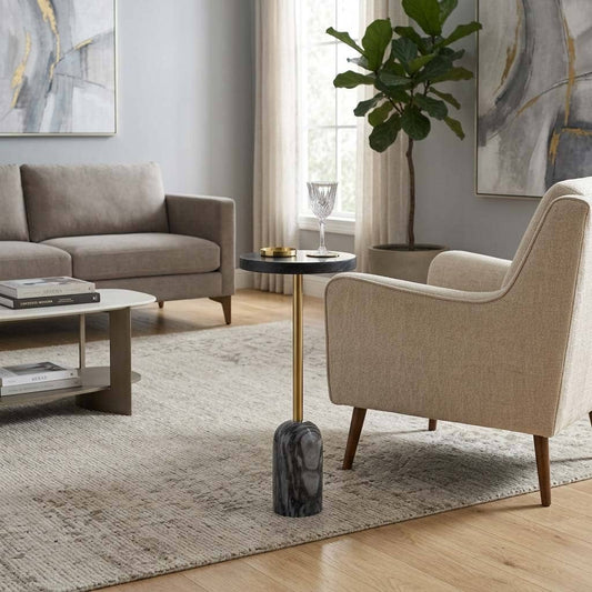 Side Table - Black Marble Top with Metal Tall Base, 27 in.