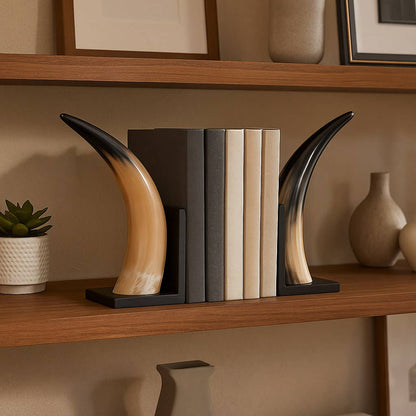 Bookends Set of 2 - Black Resin Stylish Horn, 14 in.