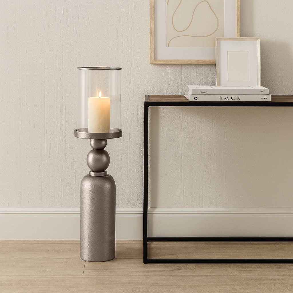 Candle Holder - Silver Metal Removable Hurricane, 36 in.
