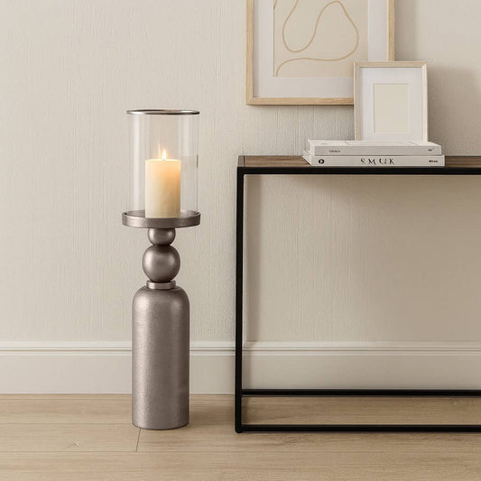 Candle Holder - Silver Metal Removable Hurricane, 36 in.