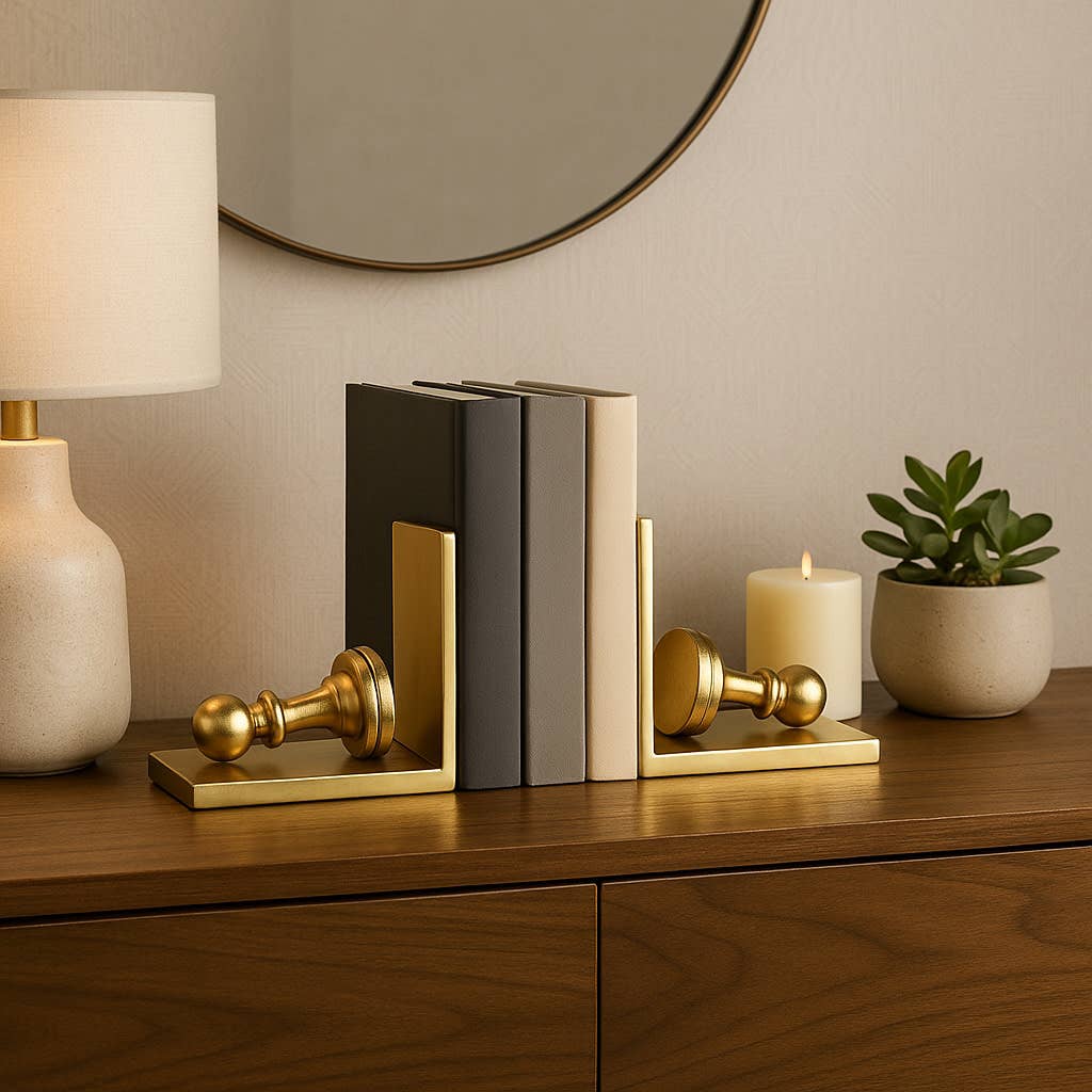 Bookends Set of 2 - Gold Metal Artful Chess Pawn, 11 in.
