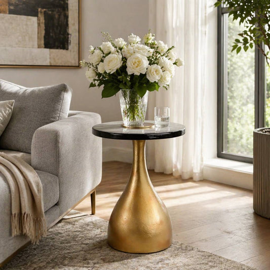 Side Table - Bronze Glass Top Metal Teardrop Base, 23 in.